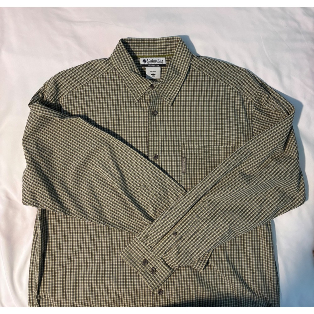 Columbia Mens Large Green Blue Plaid Long Sleeve Button Down Shirt Pocket L